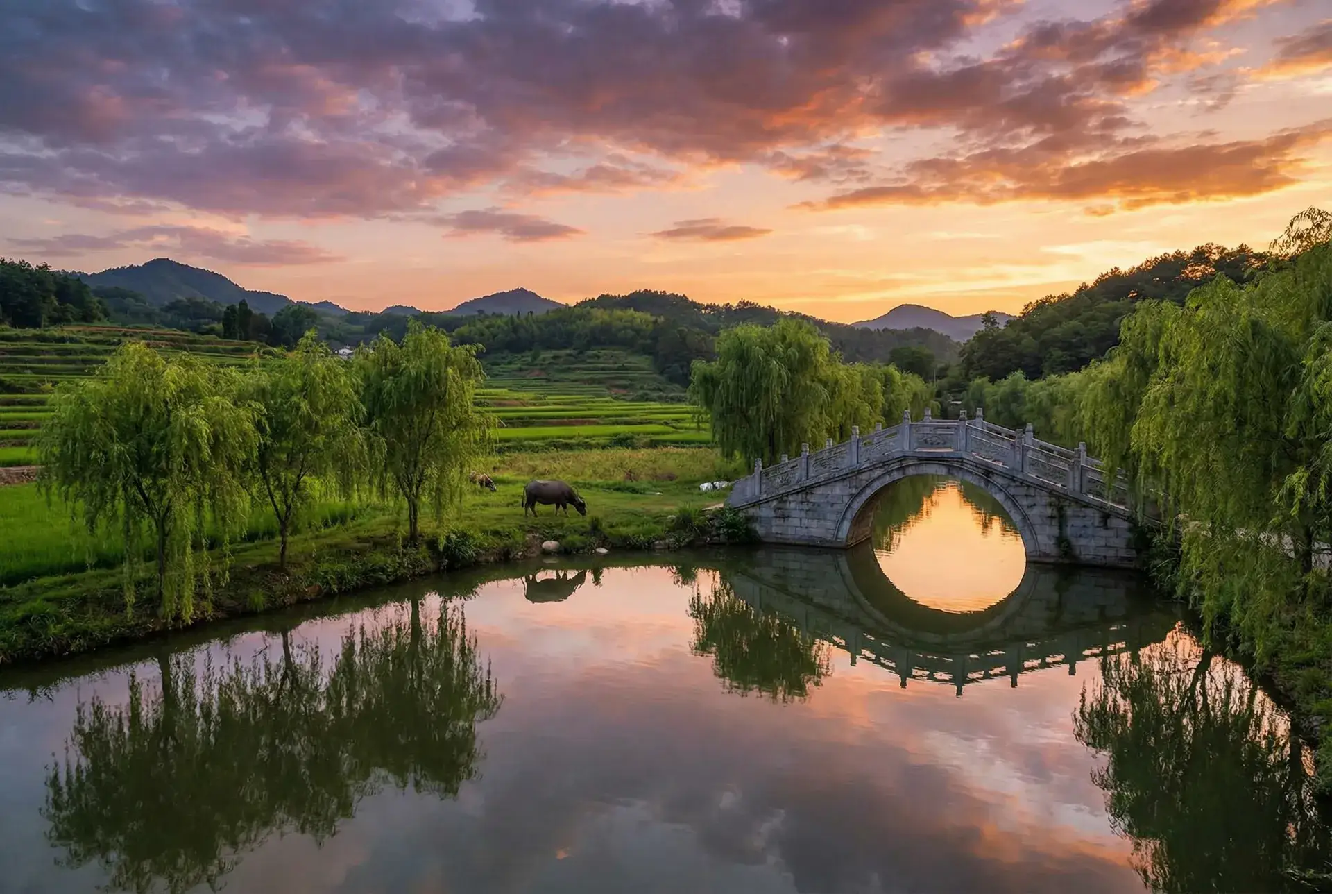 夕阳下的石拱桥与垂柳，水牛在河边吃草 - 吴钟赫 乡村美景